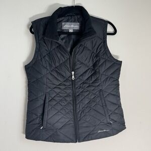 Eddie Bauer Women's Black Quilted Down Vest Size MED Zipper Pockets Sleeveless